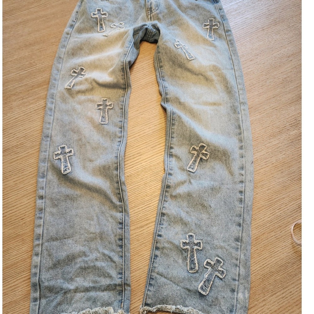 ✝️Austin Landing Cross Patch Studded Straight Leg Jeans. Streetwear Y2K Grunge